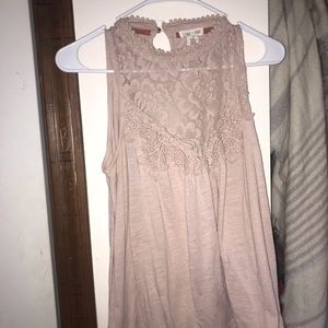 light pink floral mesh embroidered mock neck top